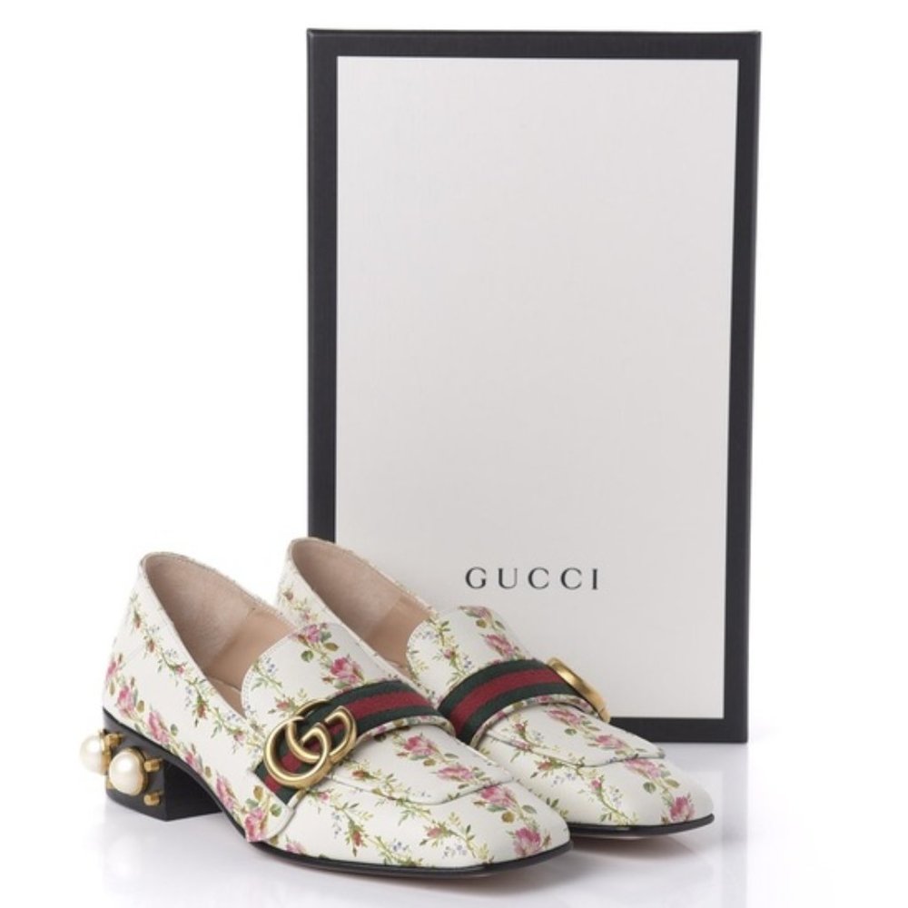 Gucci Calfskin Pearl Floral Embellished Loafer Sz 39